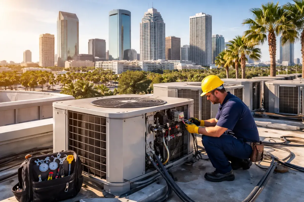 Commercial HVAC technician performing rooftop unit maintenance in Tampa, Florida during spring season