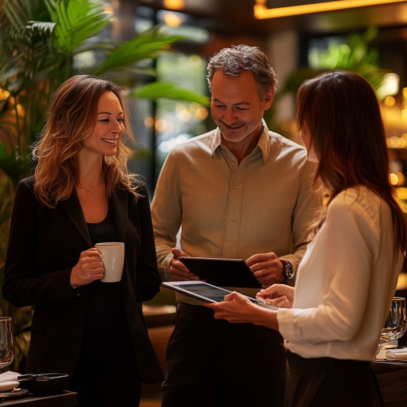 A man and two women stand in a restaurant, discussing various HVAC service companies for their needs