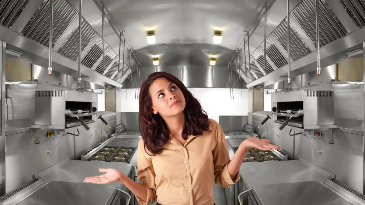 Frustrated facility manager standing in a commercial kitchen, shrugging with both hands raised, surrounded by stainless steel equipment. Text overlay reads “Too Many Vendors. Not Enough Time.” with icons for HVAC, refrigeration, and kitchen equipment serv