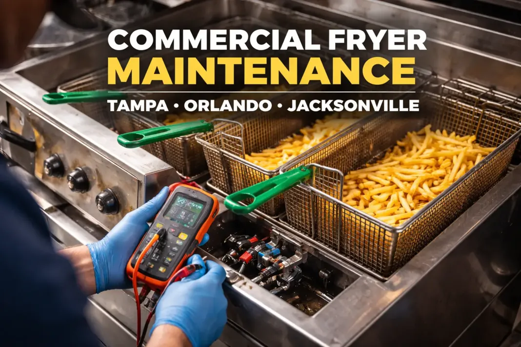 Commercial fryer maintenance and repair service in Florida restaurant kitchen, technician testing gas fryer components to prevent downtime and oil breakdown.