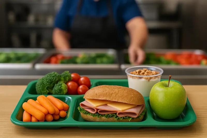 A healthy school lunch tray with a ham and cheese sandwich on a whole wheat roll, baby carrots, cherry tomatoes, broccoli, a green apple, and a cup of yogurt topped with granola, all set on a green segmented tray with a cafeteria worker blurred in the bac