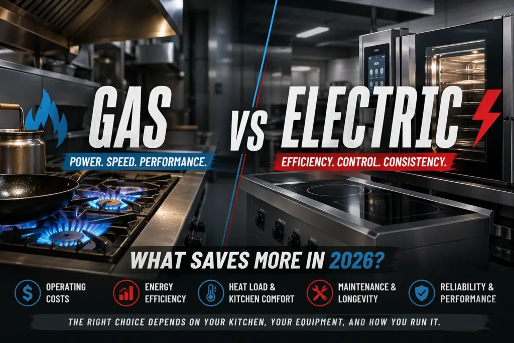 Side-by-side comparison of gas and electric commercial kitchen equipment showing performance, efficiency, heat load, and operating cost differences in a modern restaurant setting