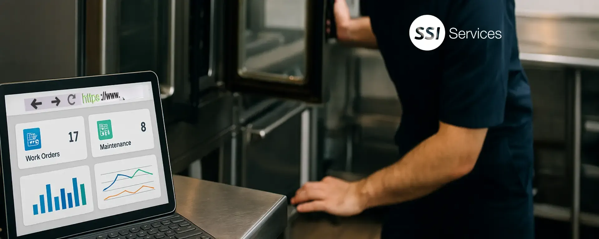 SSI technician in navy uniform inspecting a commercial oven in a stainless-steel kitchen. A tablet on the counter displays a maintenance dashboard with logos for ServiceChannel, Carigo, and 86 Repairs, showing work orders and performance charts. Text over