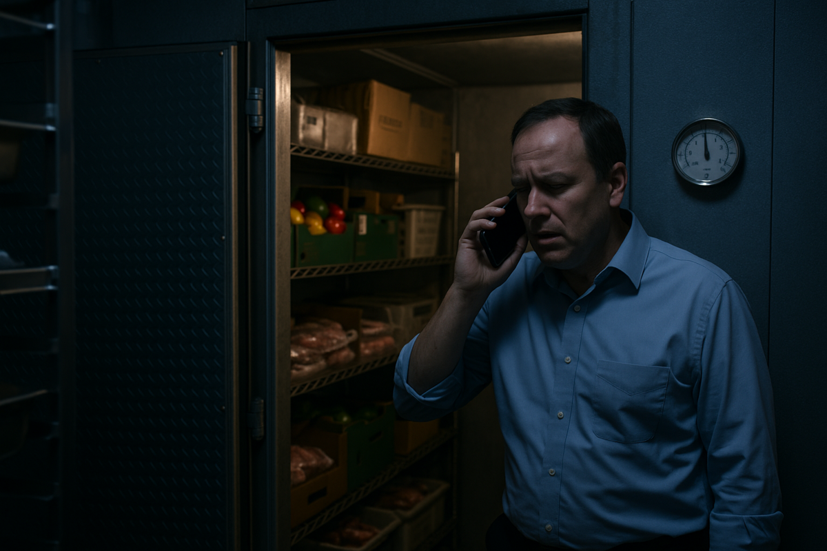 man-flustrated-on-the-phone-standing-by-hot-freezer