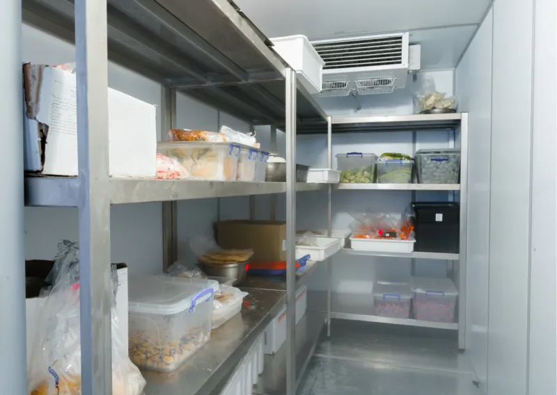 Interior of a fully stocked commercial walk-in cooler with stainless steel shelving, organized food storage bins, and a ceiling-mounted evaporator unit.