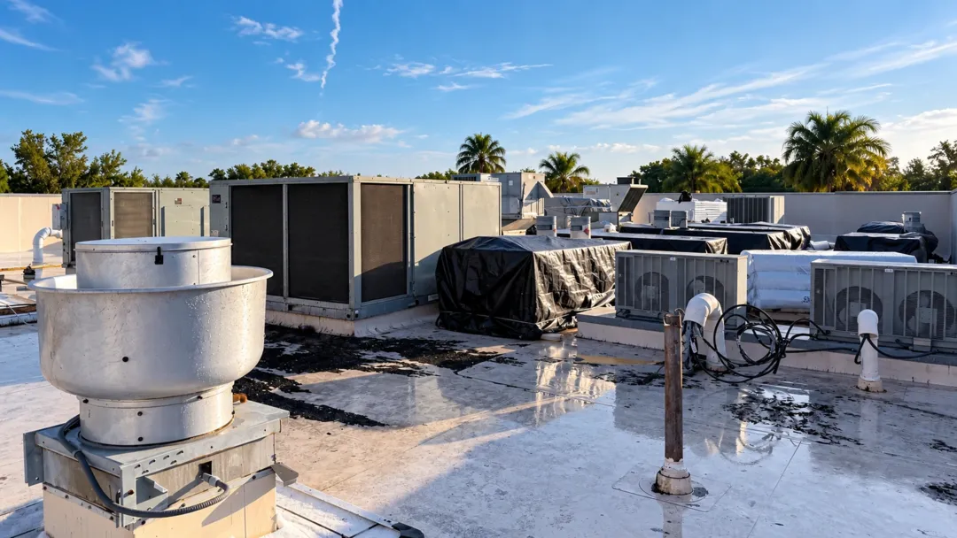 Commercial HVAC rooftop units and kitchen exhaust equipment on a Florida commercial building.