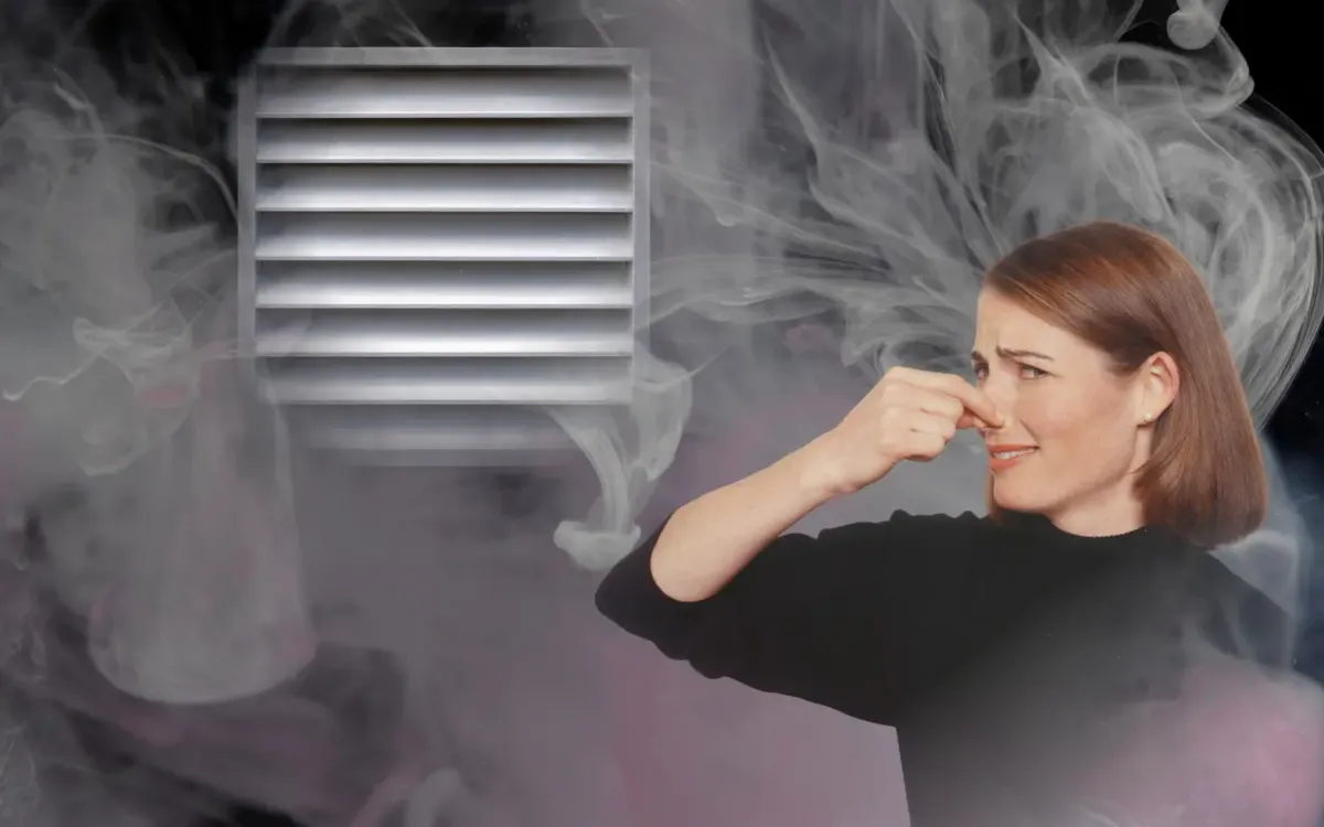 A woman holding her nose in front of an HVAC vent releasing smoke, illustrating a furnace or heater producing a burning smell indoors.