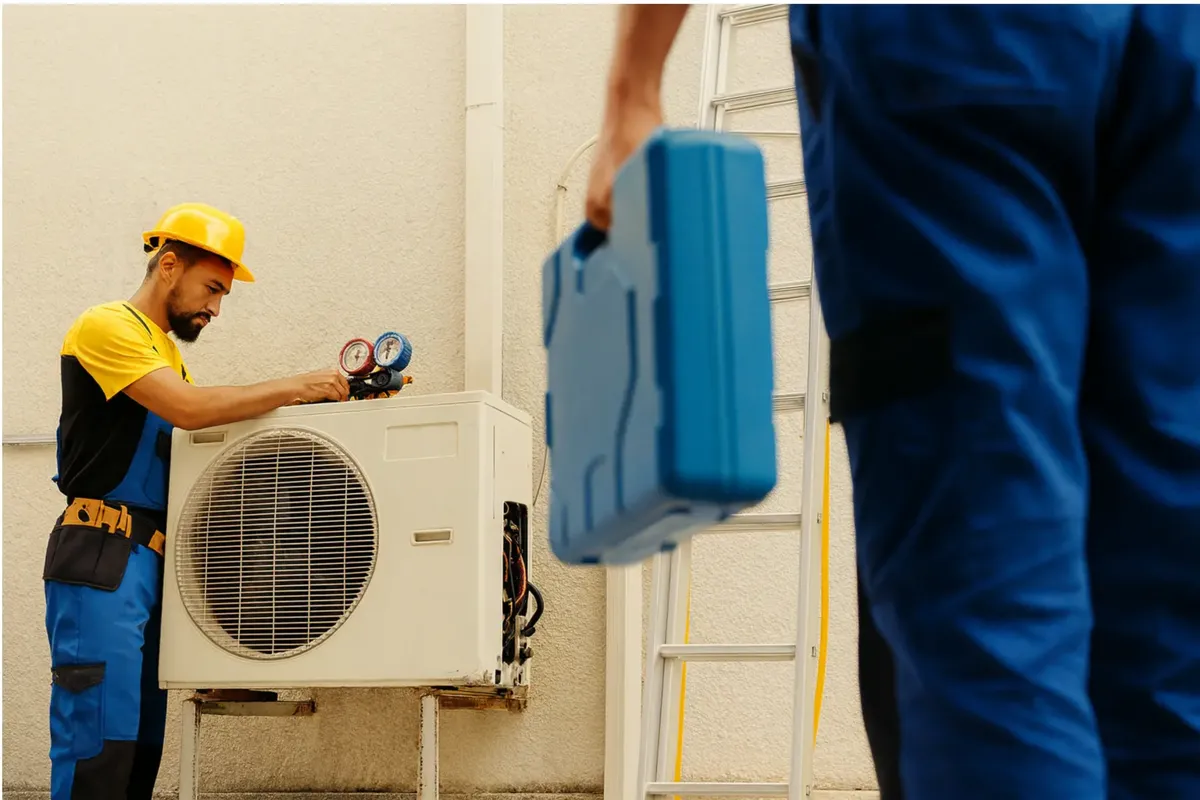 Two HVAC technicians work outdoors on an air conditioning condenser unit. One technician in a yellow hard hat adjusts the pressure gauges, while another stands in the foreground holding a blue tool case near a ladder against a beige wall.