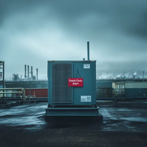 A large rooftop HVAC unit with a red "Supply Chain Alert" sign sitting on a curb adapter. Under a cloudy sky, factories and smokestacks are visible in the background.