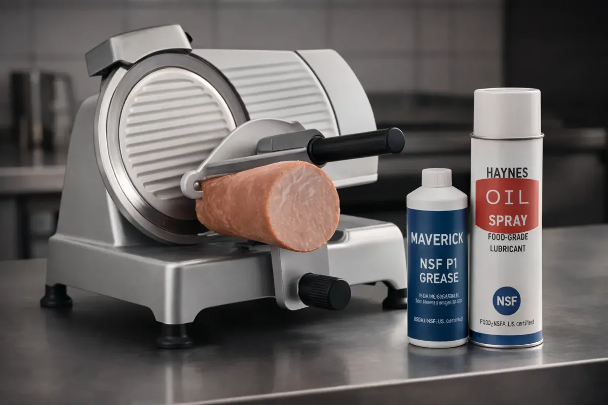 Commercial meat slicer maintenance with food-grade lubricant in a professional kitchen